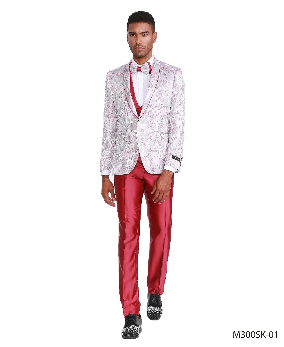 Tazio Men's Skinny Fit 4-Piece Suit - Blooming Flowers pink - 38 Short Jacket+32 Waist Adjustable 28to34)(Height: 5 4 to5 7 )(Neck  15-16.5)S-M)