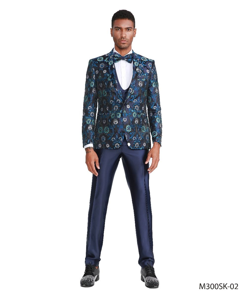 Tazio Men's Skinny Fit 4-Piece Suit - Blooming Flowers - 38 Short Jacket+32 Waist Adjustable 28to34)(Height: 5 4 to5 7 )(Neck  15-16.5)S-M)