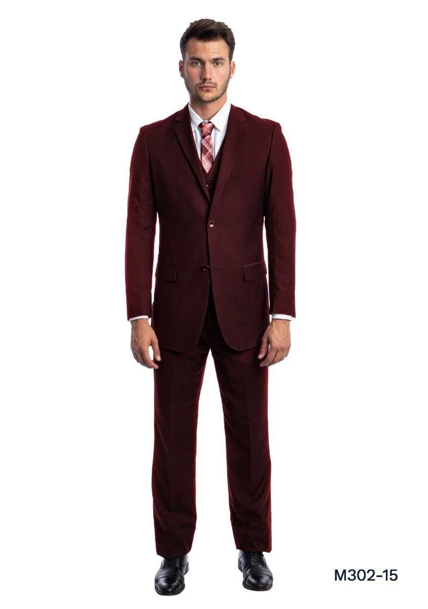 Demantie Mens 3Piece Solid Executive Suit Flat Front Pants - 38 Short Jacket+32 Waist Adjustable 28to34)(Height: 5 4 to5 7 )(Neck  15-16.5)S-M)