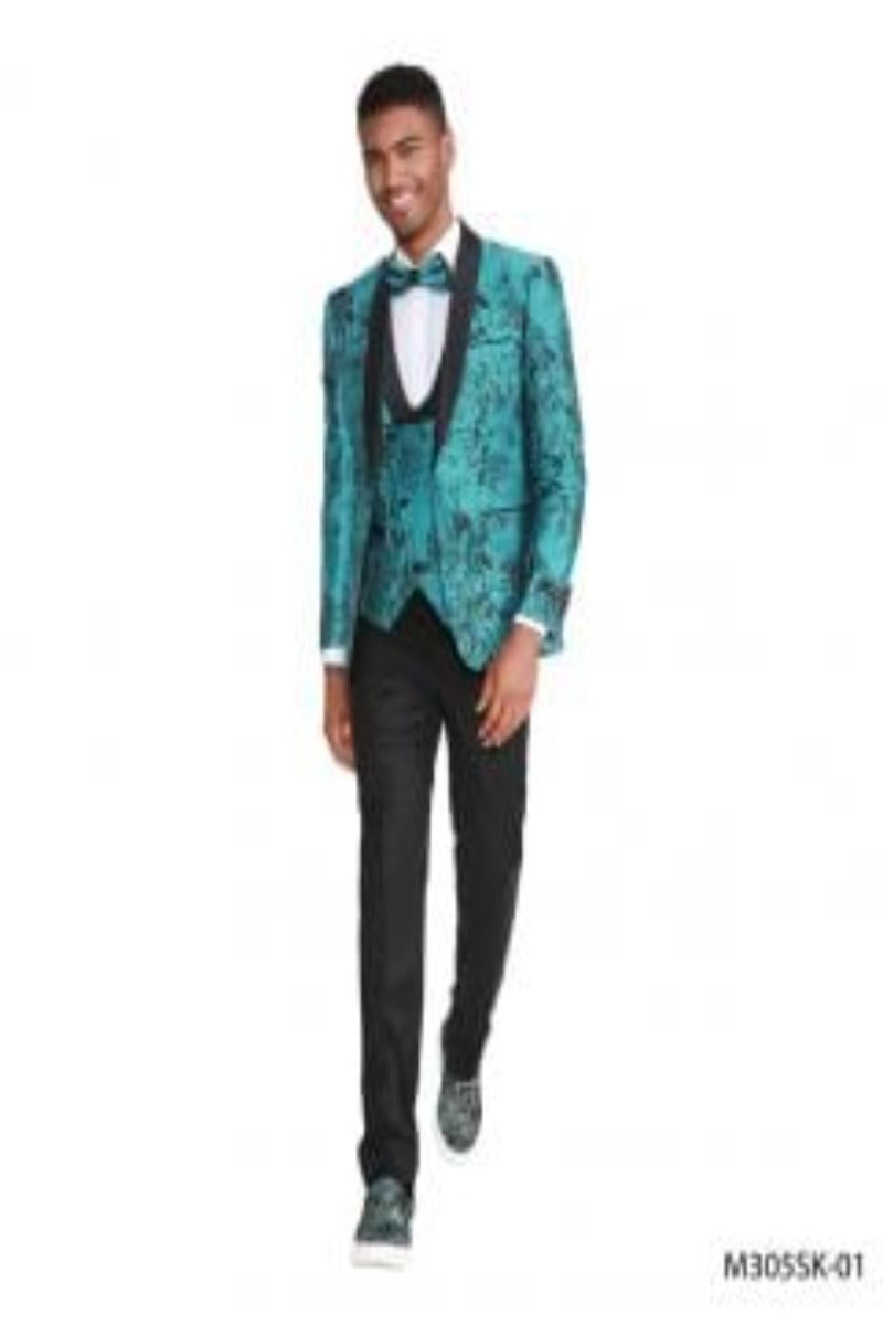 Tazio Men's 3 Piece Skinny Fit Suit  Shawl Lapel Suit with Slim Cut Pants