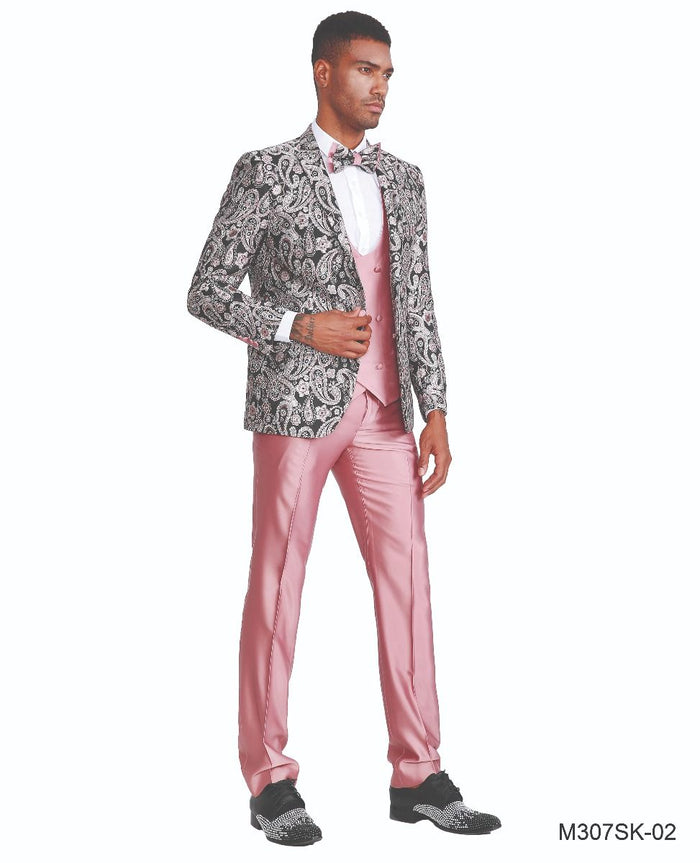 Tazio Men's Skinny Fit 4-Piece Jacquard Suit  Bright pink suit