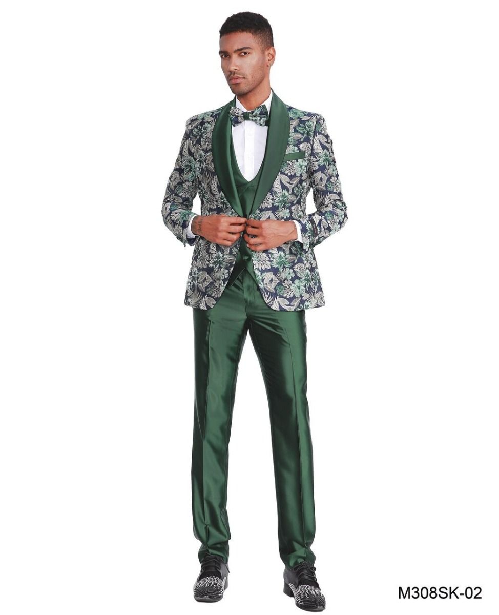 Tazio Men's 4-Piece Skinny Fit Floral Suit Purple/green - Tailored Style & Comfort - 34 Short or Extra Small
