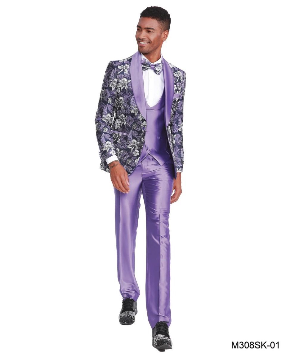 Tazio Men's 4-Piece Skinny Fit Floral Suit Purple/green - Tailored Style & Comfort - 34 Short or Extra Small