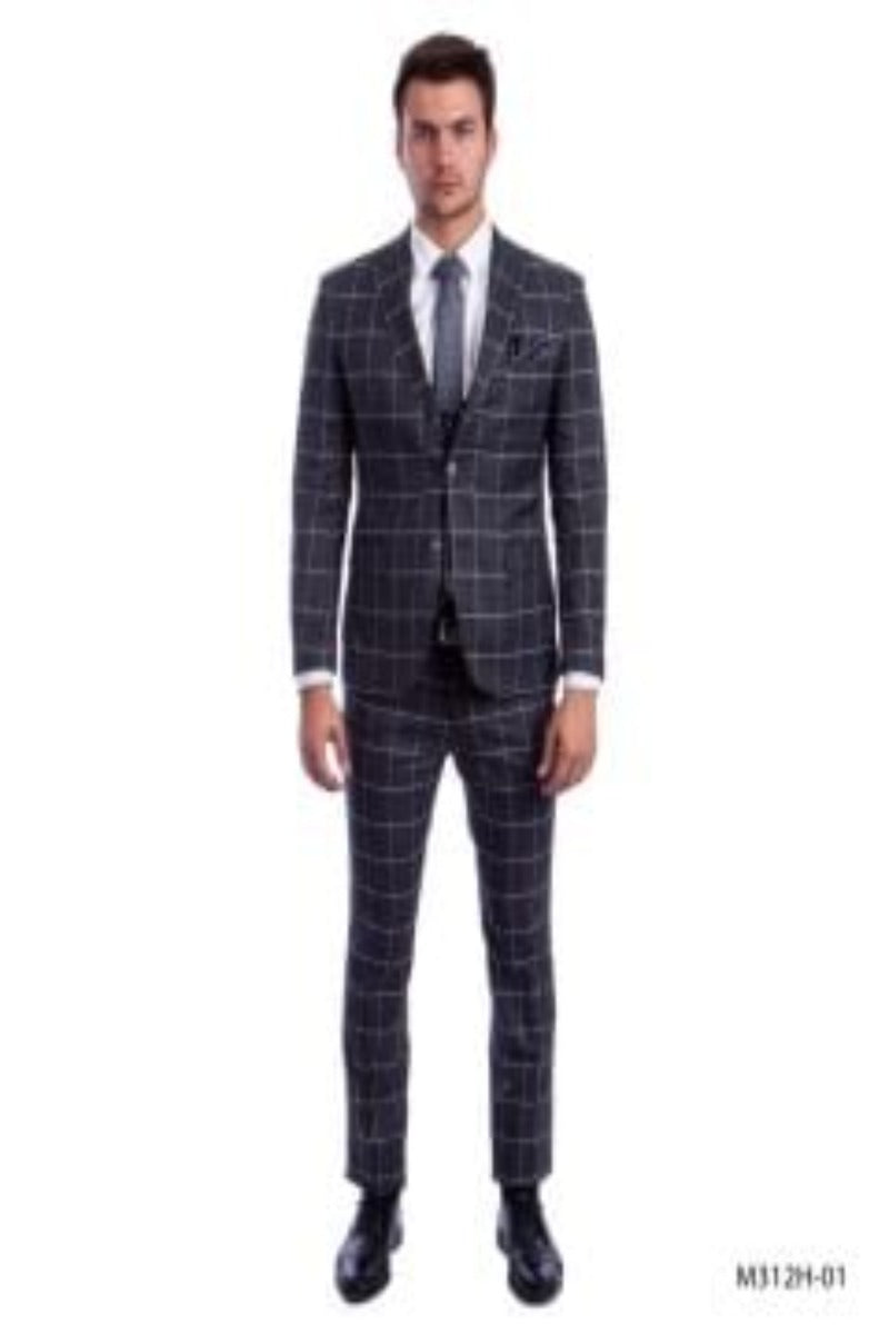 Check  Sean Alexander Men's 3-Piece Executive Windowpane Suit Checked Pattern - 38 Short Jacket+32 Waist Adjustable 28to34)(Height: 5 4 to5 7 )(Neck  15-16.5)S-M)
