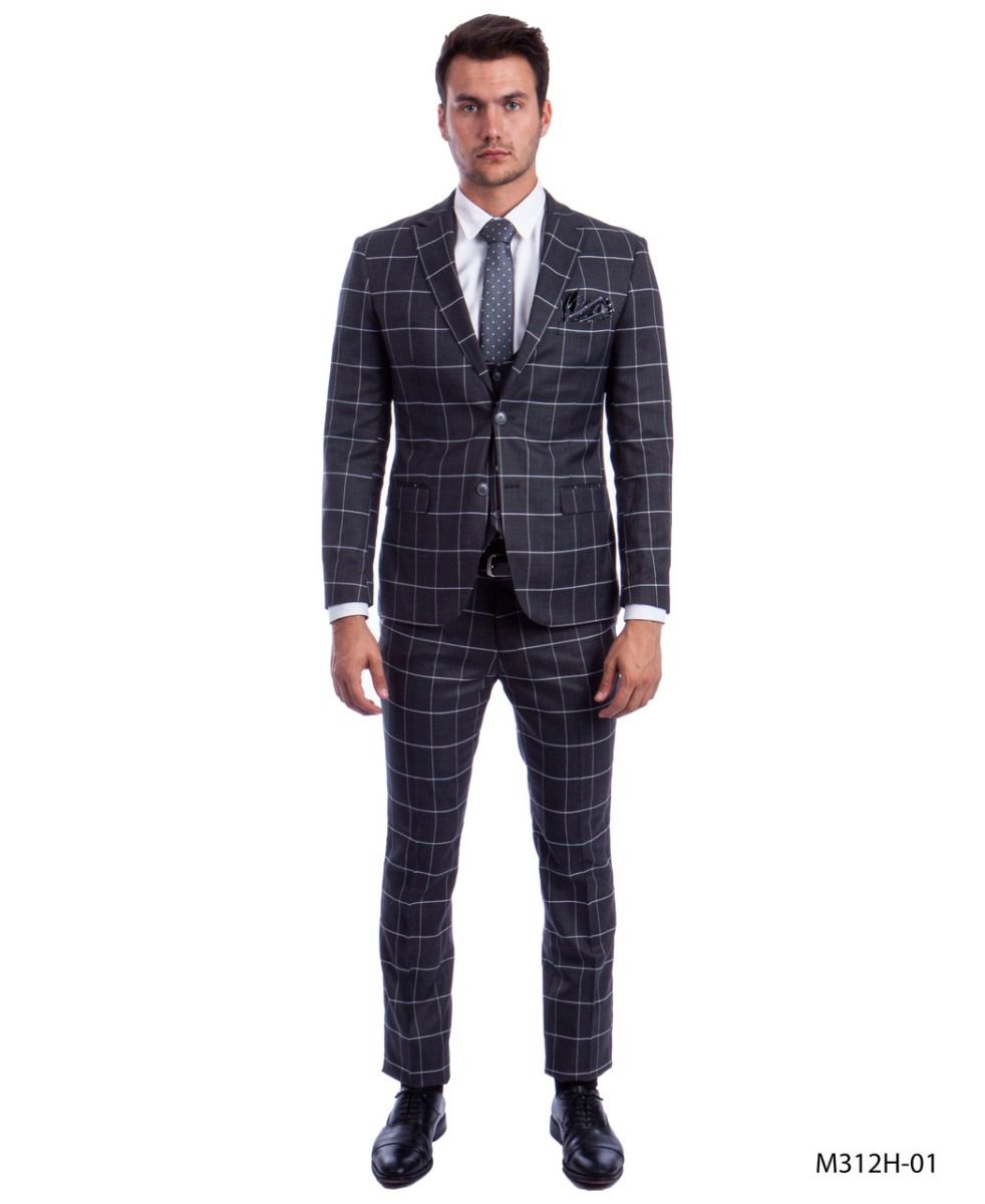 Check  Sean Alexander Men's 3-Piece Executive Windowpane Suit Checked Pattern - 38 Short Jacket+32 Waist Adjustable 28to34)(Height: 5 4 to5 7 )(Neck  15-16.5)S-M)