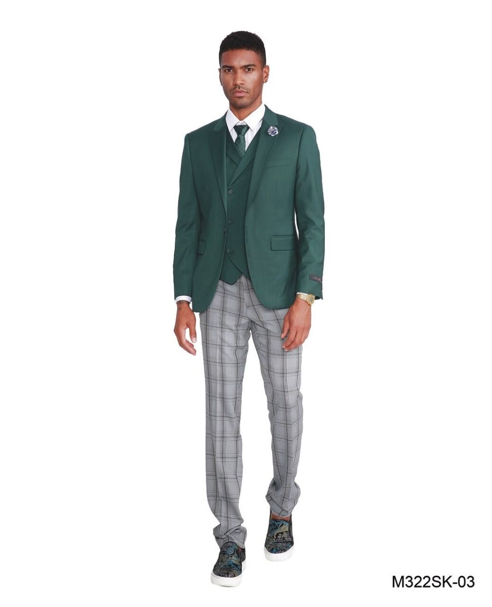 Vest & Jacket Tazio Men's Skinny Fit 3 Piece Plaid Suit Pants Vest & Jacket