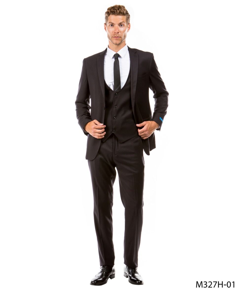 Sean Alexander Men's 3-Piece Pinstripe Executive Suit in black - 38 Short Jacket+32 Waist Adjustable 28to34)(Height: 5 4 to5 7 )(Neck  15-16.5)S-M)