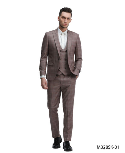 Design  Tazio Men's Skinny Fit 3 Piece Windowpane Suit Sleek Tailored Look