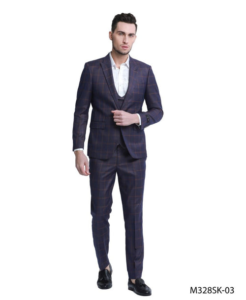Design  Tazio Men's Skinny Fit 3 Piece Windowpane Suit Sleek Tailored Look