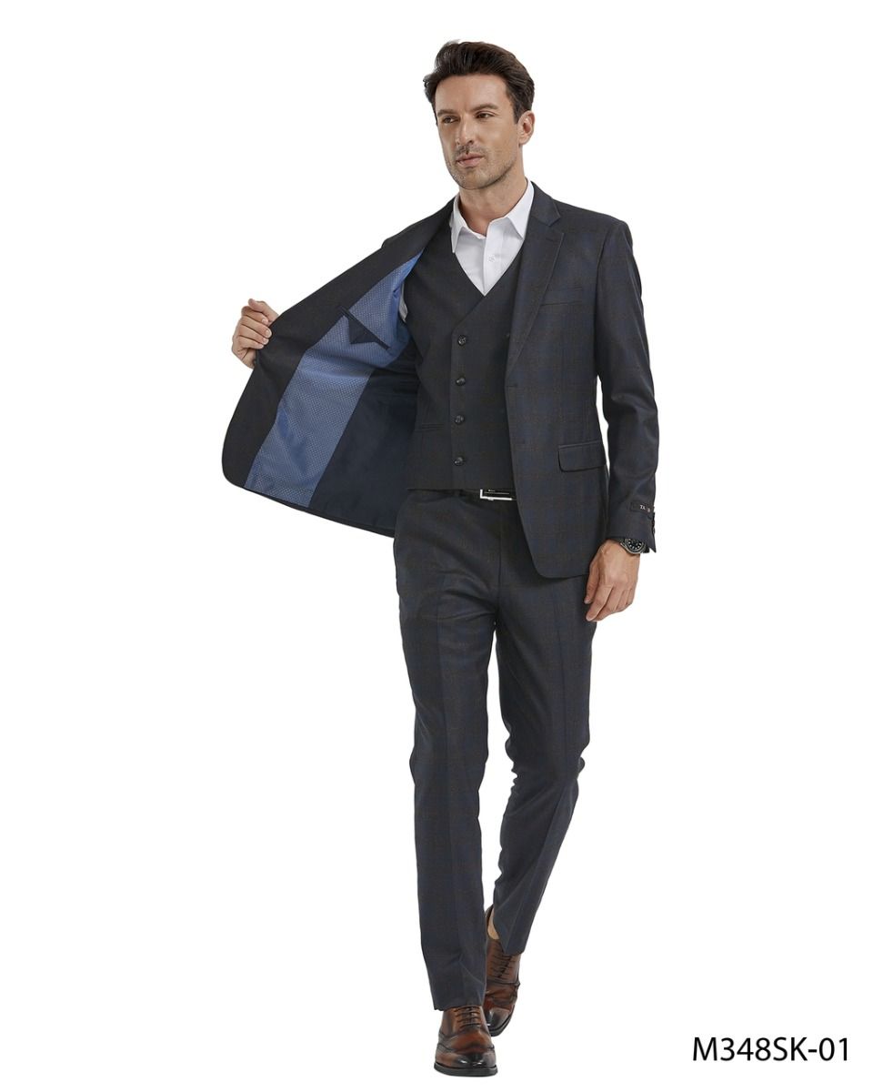 Tazio Men's Light Windowpane Skinny Fit 3-Piece Suit Perfect for Formal Occasions - 38 Short Jacket+32 Waist Adjustable 28to34)(Height: 5 4 to5 7 )(Neck  15-16.5)S-M)