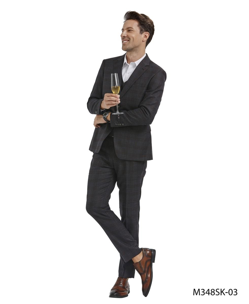 Tazio Men's Light Windowpane Skinny Fit 3-Piece Suit Perfect for Formal Occasions - 38 Short Jacket+32 Waist Adjustable 28to34)(Height: 5 4 to5 7 )(Neck  15-16.5)S-M)