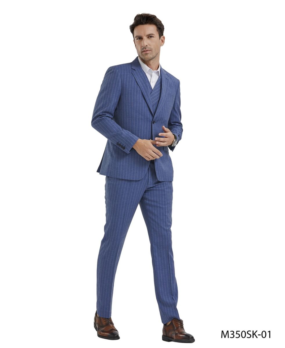 Tazio Men's 3-Piece Skinny Fit Banker Pinstripe Suit | Award-Winning Design - 38 Short Jacket+32 Waist Adjustable 28to34)(Height: 5 4 to5 7 )(Neck  15-16.5)S-M)