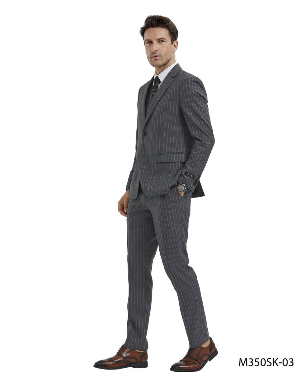 Tazio Men's 3-Piece Skinny Fit Banker Pinstripe Suit | Award-Winning Design - 38 Short Jacket+32 Waist Adjustable 28to34)(Height: 5 4 to5 7 )(Neck  15-16.5)S-M)