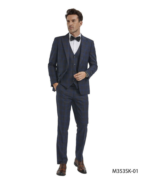 Tazio Men's Skinny Fit 3 Piece Plaid Suit Purple/Blue/ Charcoal/Blue/Charcoal/Red/Bold Patterned Look