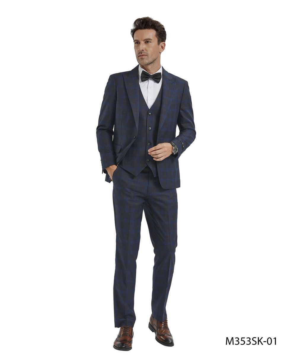 Tazio Men's Skinny Fit 3 Piece Plaid Suit Bold Patterned Look