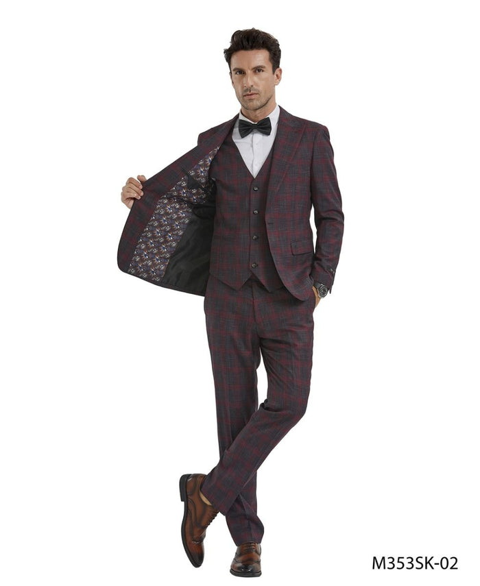 Tazio Men's Skinny Fit 3 Piece Plaid Suit Purple/Blue/ Charcoal/Blue/Charcoal/Red/Bold Patterned Look
