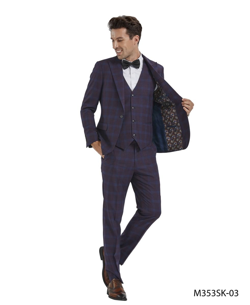 Tazio Men's Skinny Fit 3 Piece Plaid Suit Purple/Blue/ Charcoal/Blue/Charcoal/Red/Bold Patterned Look - 38 Short Jacket+32 Waist Adjustable 28to34)(Height: 5 4 to5 7 )(Neck  15-16.5)S-M)