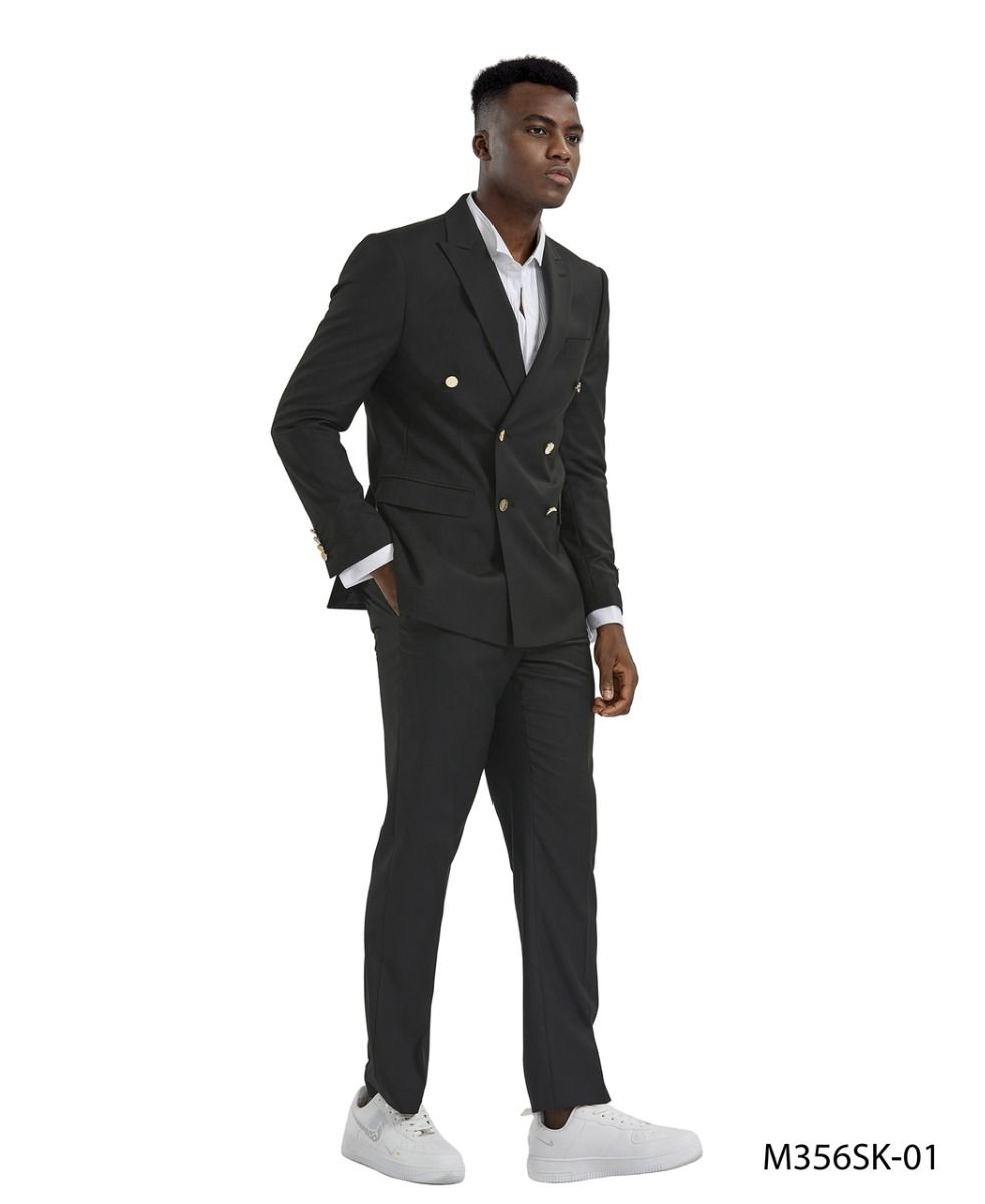 Tazio Men's 2pc Skinny Fit Suit w/ Gold Buttons - 38 Short Jacket+32 Waist Adjustable 28to34)(Height: 5 4 to5 7 )(Neck  15-16.5)S-M)
