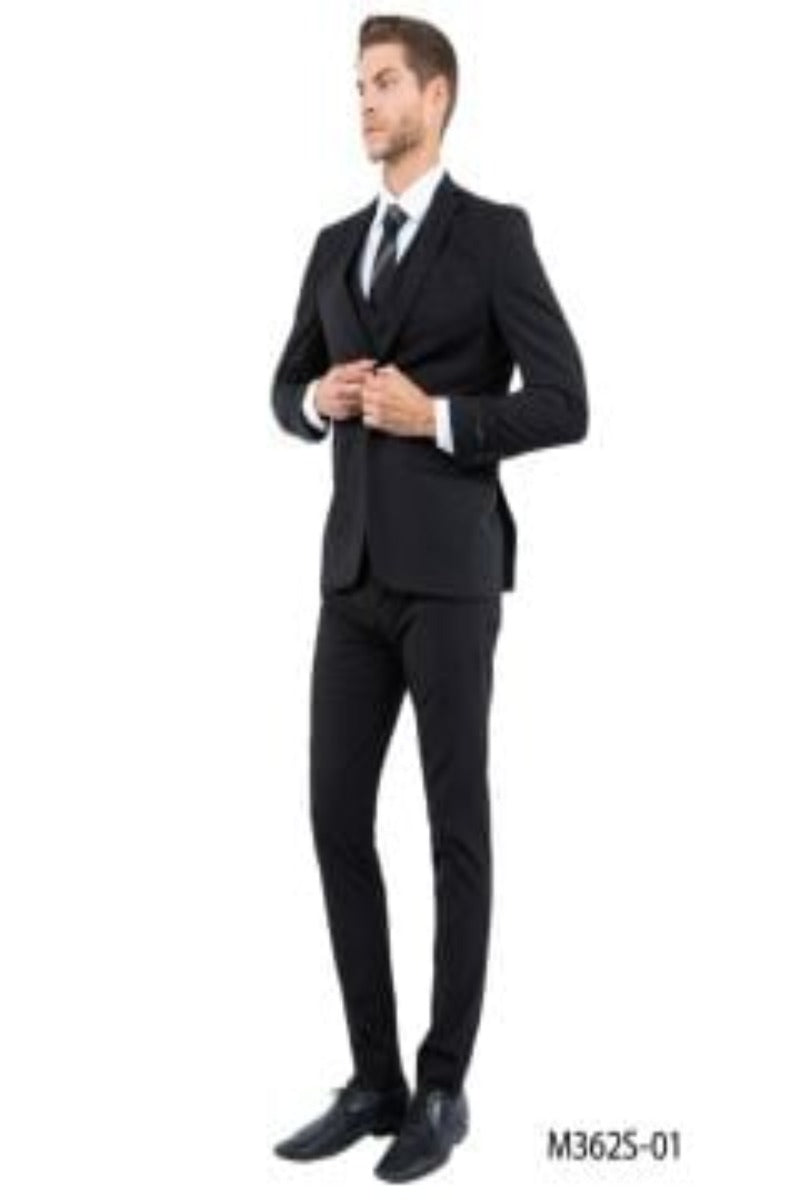 Zegarie Slim Fit 3-Pc black Suit (Solid Colors) - 38 Short Jacket+32 Waist Adjustable 28to34)(Height: 5 4 to5 7 )(Neck  15-16.5)S-M)