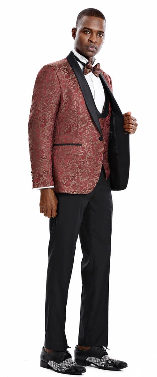 Tazio Men's 3-Piece Slim-Fit Gold Paisley Suit - 38 Short Jacket+32 Waist Adjustable 28to34)(Height: 5 4 to5 7 )(Neck  15-16.5)S-M)