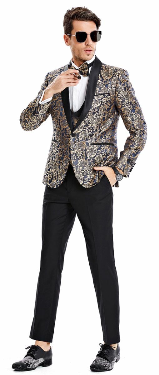 Tazio Men's 3-Piece Slim-Fit Gold Paisley Suit - 38 Short Jacket+32 Waist Adjustable 28to34)(Height: 5 4 to5 7 )(Neck  15-16.5)S-M)