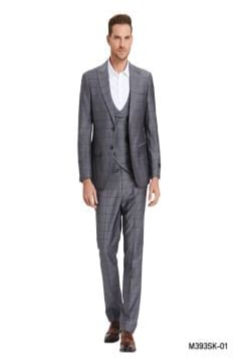 Tazio Men's Skinny Fit 3 Piece Suit Tone on Tone Windowpane - 38 Short Jacket+32 Waist Adjustable 28to34)(Height: 5 4 to5 7 )(Neck  15-16.5)S-M)