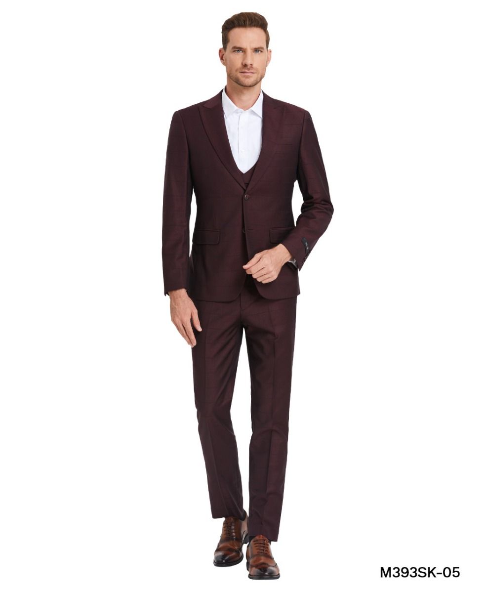 Tazio Men's Skinny Fit 3 Piece Suit Tone on Tone Windowpane - 38 Short Jacket+32 Waist Adjustable 28to34)(Height: 5 4 to5 7 )(Neck  15-16.5)S-M)