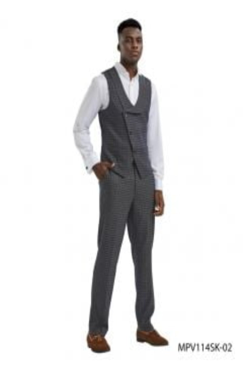 Tazio Men's 2-Piece Skinny Fit Vest Set - Tattersall Pattern - 38 Short Jacket+32 Waist Adjustable 28to34)(Height: 5 4 to5 7 )(Neck  15-16.5)S-M)