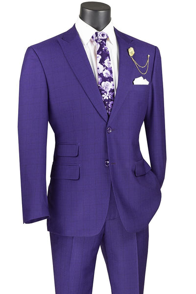 Modern Fit - Vinci Men's Light Windowpane 2 Piece Modern Fit Suit  purple