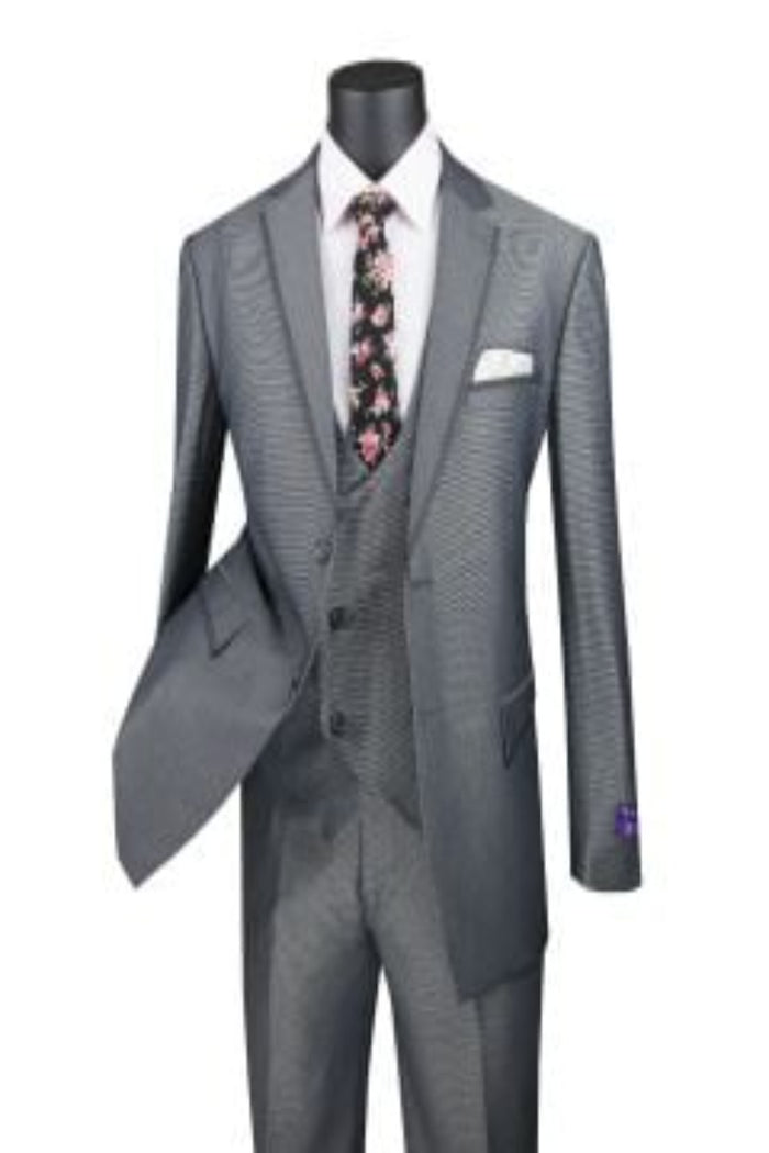 Modern Fit - Vinci Men's 3 Piece Modern Fit Suit Tone-on Tone Accents