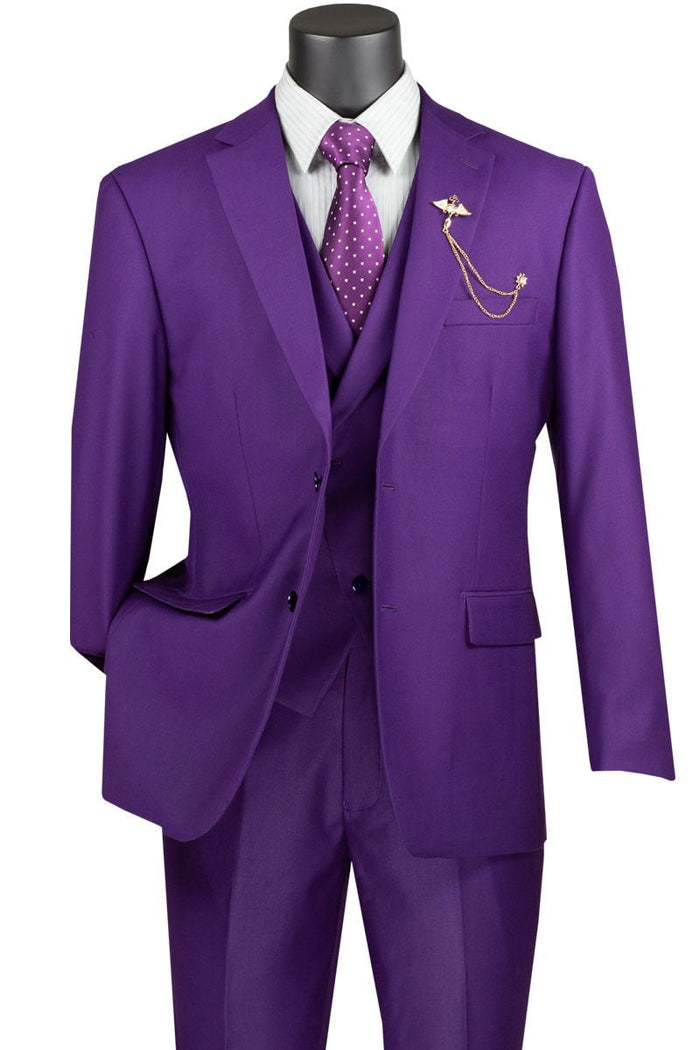 Vinci Men's Modern Fit 3 Piece purpleSuit Bold Solid Colors