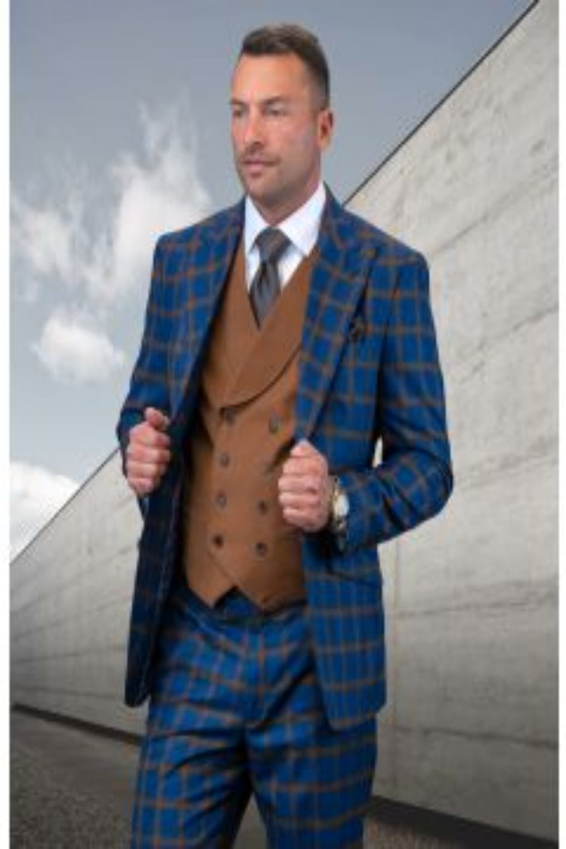 Men's 100% Wool 3 Piece Suit Vibrant Two Tone Colorway - 38 Short Jacket+32 Waist Adjustable 28to34)(Height: 5 4 to5 7 )(Neck  15-16.5)S-M)