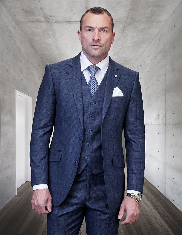 Men's 3-Piece 100% Wool Plaid Suit Modern Fit Fashionable - 38 Short Jacket+32 Waist Adjustable 28to34)(Height: 5 4 to5 7 )(Neck  15-16.5)S-M)