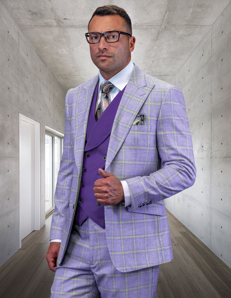 Statement Men's Wool 3-Piece Windowpane Suit Professional & Stylish - 38 Short Jacket+32 Waist Adjustable 28to34)(Height: 5 4 to5 7 )(Neck  15-16.5)S-M)