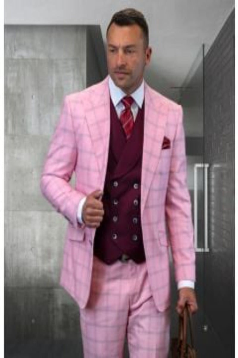 Statement Men's Wool 3-Piece Windowpane Suit Professional & Stylish - 38 Short Jacket+32 Waist Adjustable 28to34)(Height: 5 4 to5 7 )(Neck  15-16.5)S-M)