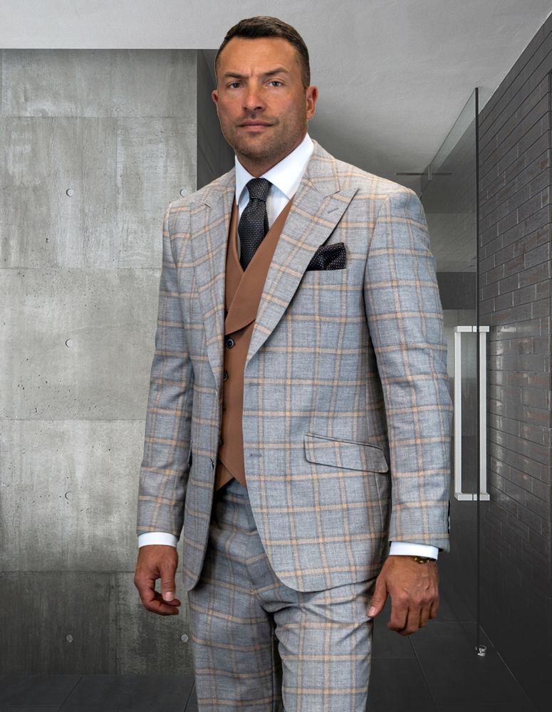 Statement Men's Wool 3-Piece Windowpane Suit Professional & Stylish - 38 Short Jacket+32 Waist Adjustable 28to34)(Height: 5 4 to5 7 )(Neck  15-16.5)S-M)