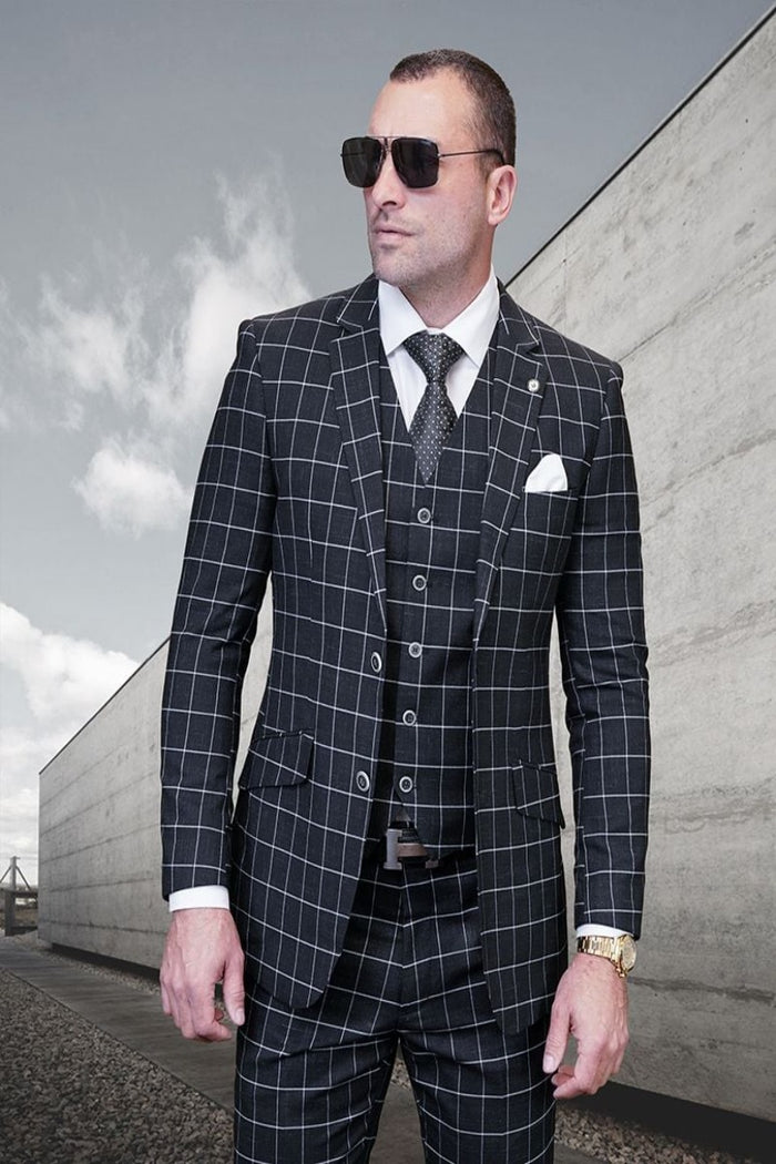 Plaid Men's 3 Piece Wool Suit Classic Windowpane Plaid Modern Fit
