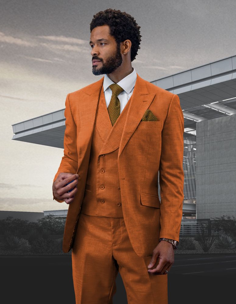 Statement Men's 100% Wool 3-Piece Suit - Light Texture and Comfort - 38 Short Jacket+32 Waist Adjustable 28to34)(Height: 5 4 to5 7 )(Neck  15-16.5)S-M)