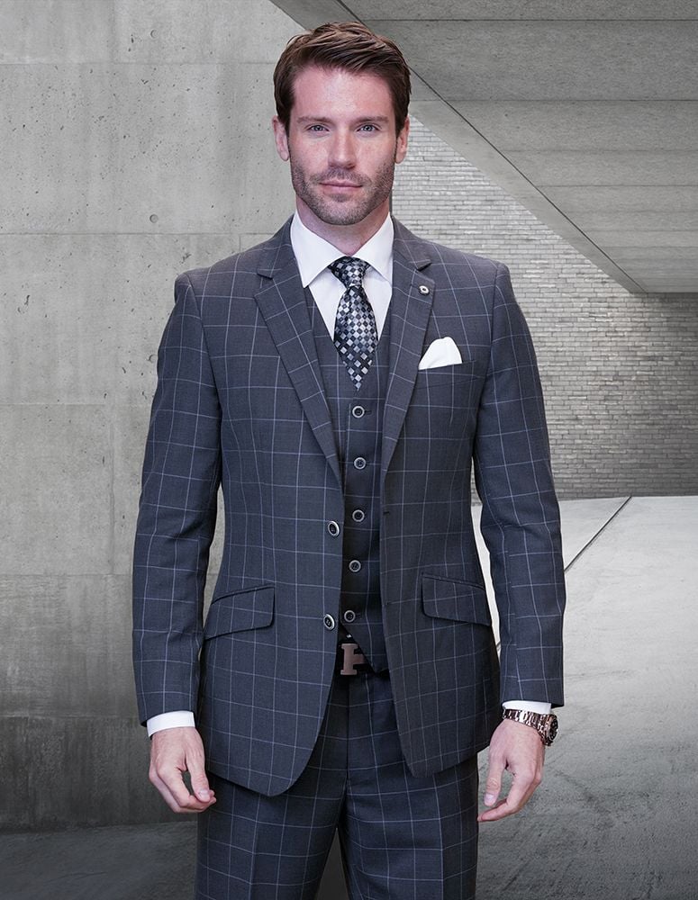 Cashmere Wool Windowpane 3 Suit 100% Sleek - Men\'s Check, Piece Check