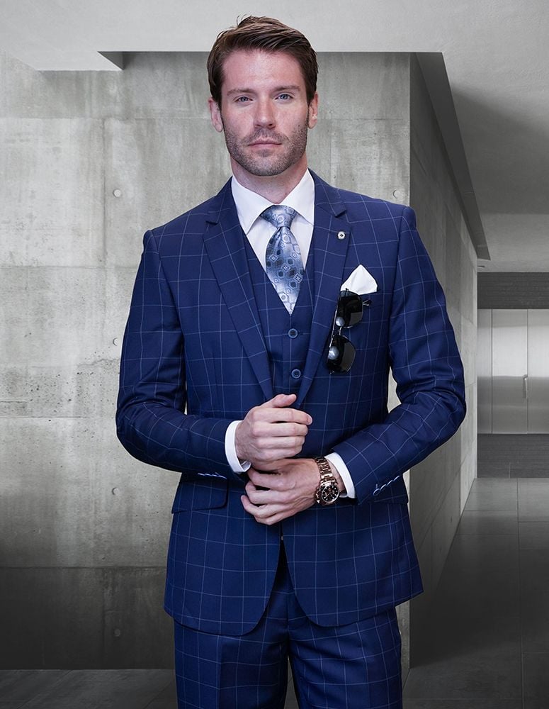 Check Men's 100% Wool Cashmere Suit - Sleek Windowpane Check, 3 Piece