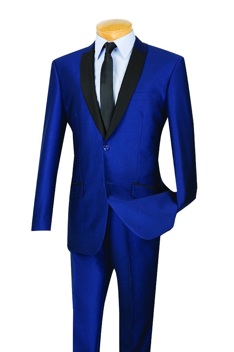 Vinci Men's 2 Piece Sharkskin Slim Fit Suit with Trimmed Shawl Collar