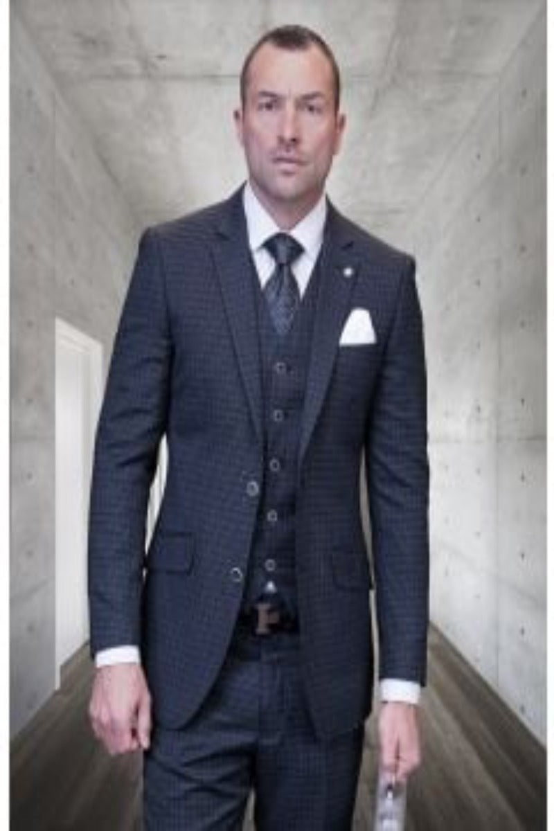 Men's 3-Piece Wool Cashmere Suit in Micro Plaid - 100% Quality - 38 Short Jacket+32 Waist Adjustable 28to34)(Height: 5 4 to5 7 )(Neck  15-16.5)S-M)