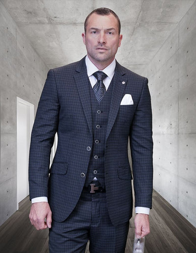 Men's 3-Piece Wool Cashmere Suit in Micro Plaid - 100% Quality