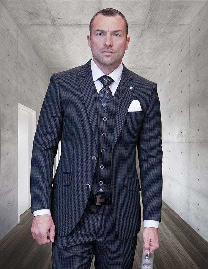 Men's 3-Piece Wool Cashmere Suit in Micro Plaid - 100% Quality