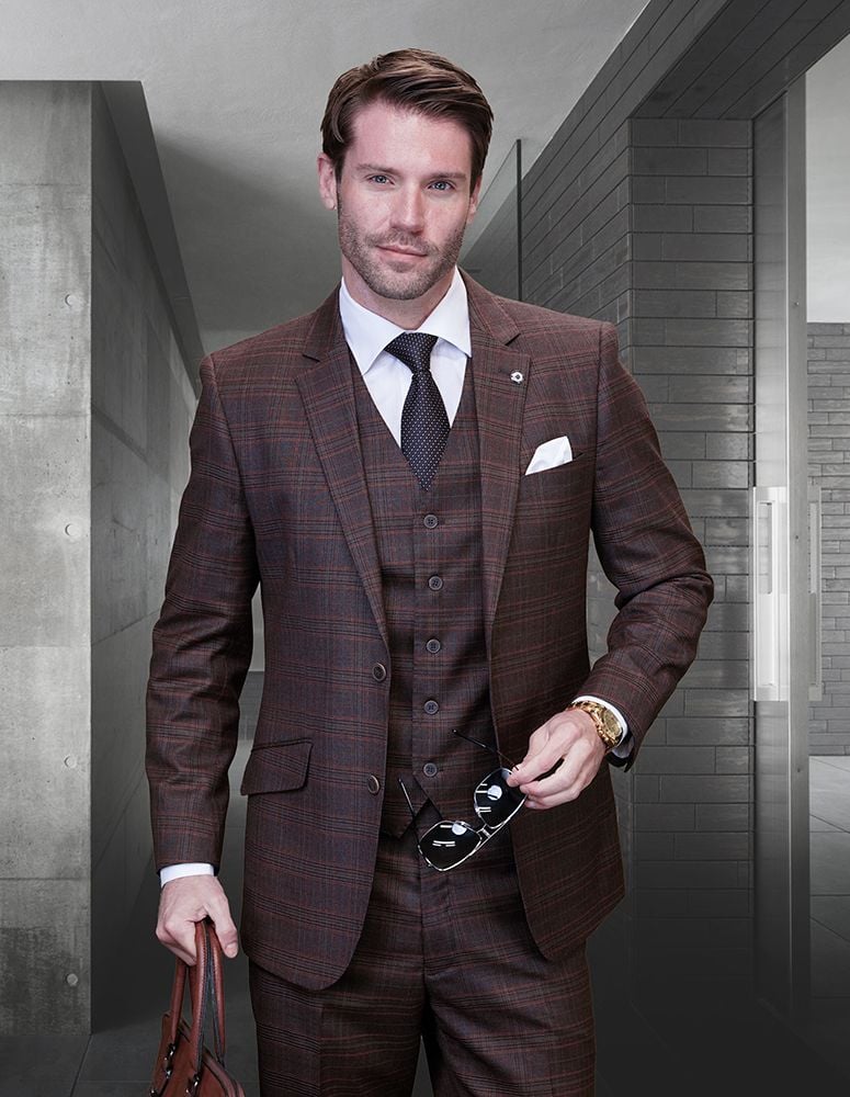 Men's 3-Piece Wool Cashmere Suit: Plaid Windowpane Design - 36 Short