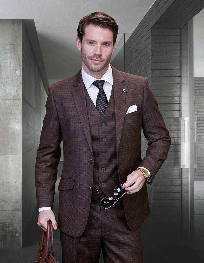 Men's 3-Piece Wool Cashmere Suit: Plaid Windowpane Design