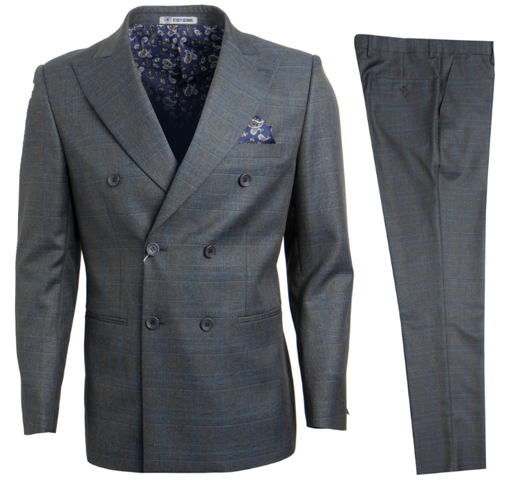 Stacy Adams Men's Glen Check Double Breasted 3 Piece Suit - 38 Short Jacket+32 Waist Adjustable 28to34)(Height: 5 4 to5 7 )(Neck  15-16.5)S-M)