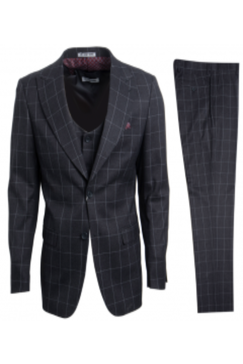 Stacy Adams Men's Slim Fit Windowpane 3-Piece Executive Suit - 38 Short Jacket+32 Waist Adjustable 28to34)(Height: 5 4 to5 7 )(Neck  15-16.5)S-M)