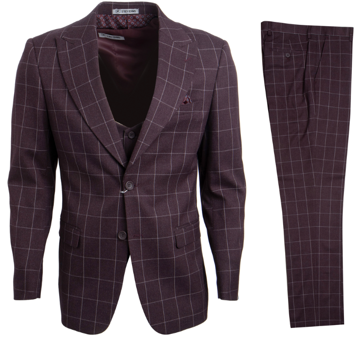 Stacy Adams Men's Slim Fit Windowpane 3-Piece Executive Suit - 38 Short Jacket+32 Waist Adjustable 28to34)(Height: 5 4 to5 7 )(Neck  15-16.5)S-M)