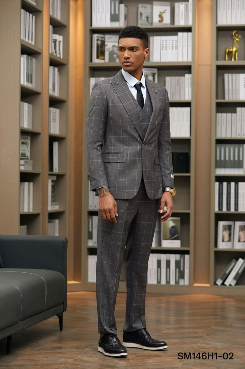Plaid  Stacy Adams Men's 3-Piece Hybrid Windowpane Plaid Suit Classic Cut - 38 Short Jacket+32 Waist Adjustable 28to34)(Height: 5 4 to5 7 )(Neck  15-16.5)S-M)